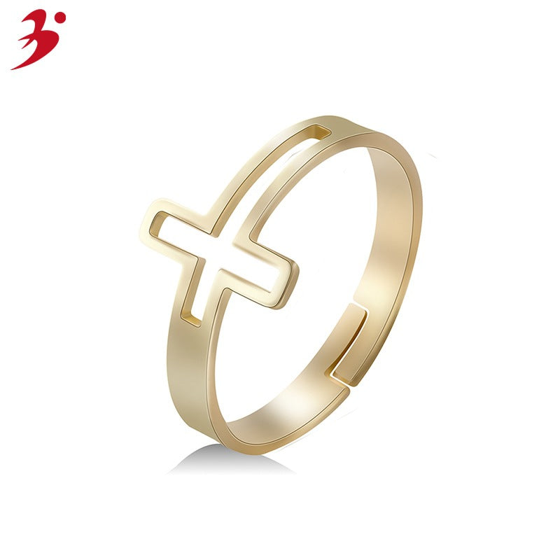 Christian Jesus Cross Rose Gold Open Ring Female