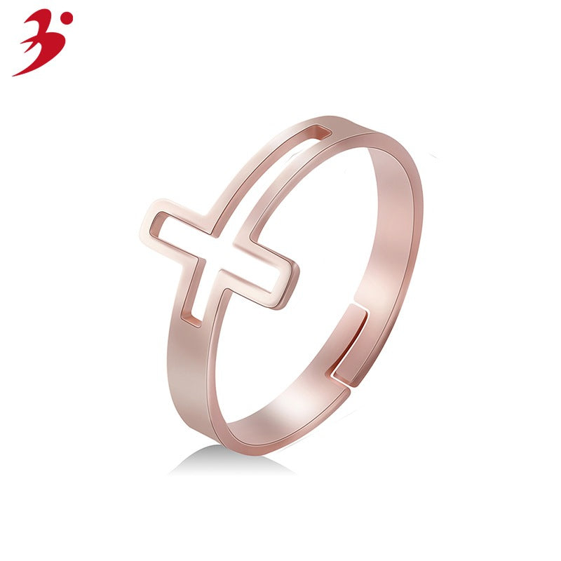 Christian Jesus Cross Rose Gold Open Ring Female