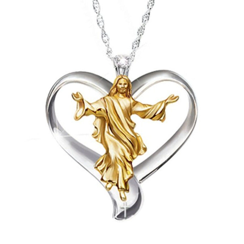 Two Tone Gold And Silver Round Clear Jesus Heart Necklace