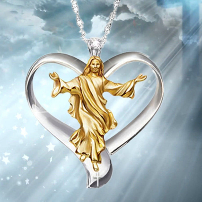 Two Tone Gold And Silver Round Clear Jesus Heart Necklace