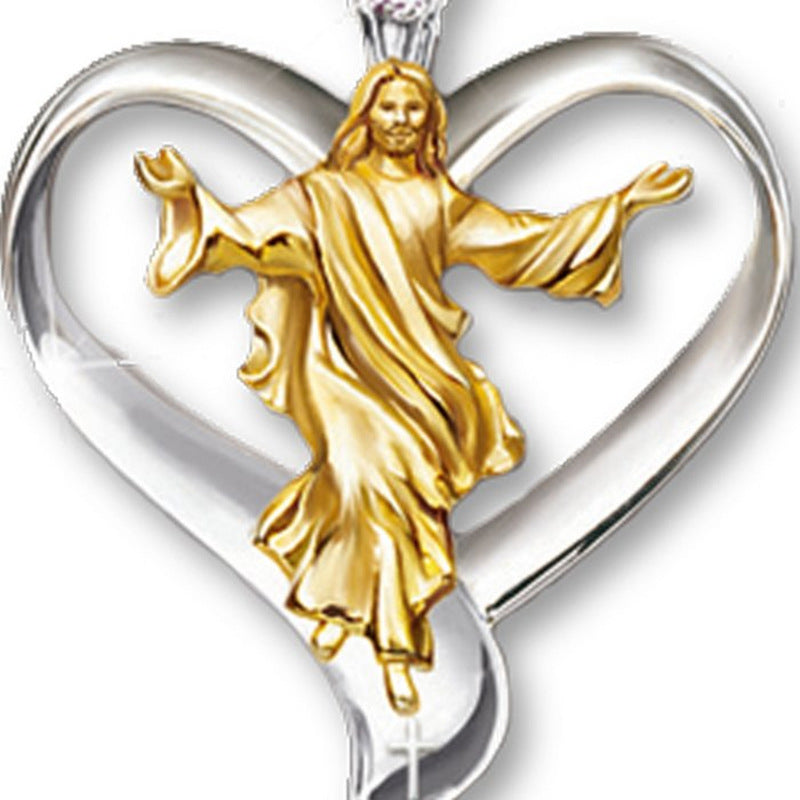 Two Tone Gold And Silver Round Clear Jesus Heart Necklace