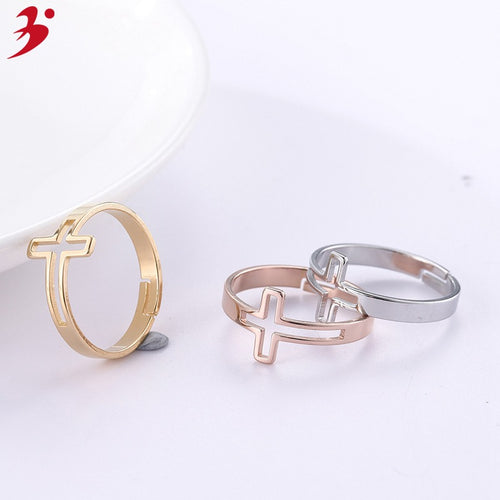 Christian Jesus Cross Rose Gold Open Ring Female